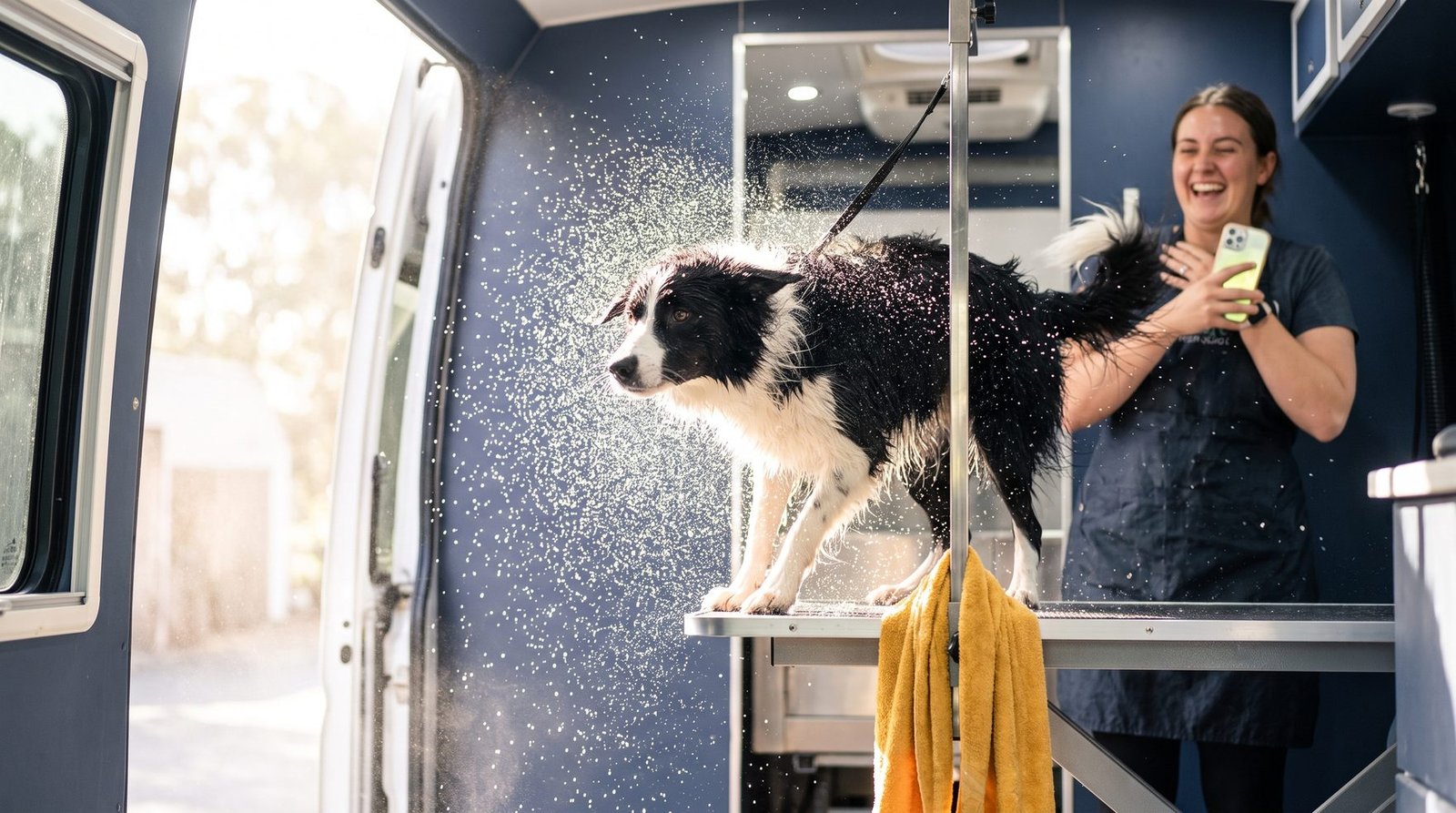 A joyful border collie shaking off water in a mobile grooming van while the groomer laughs